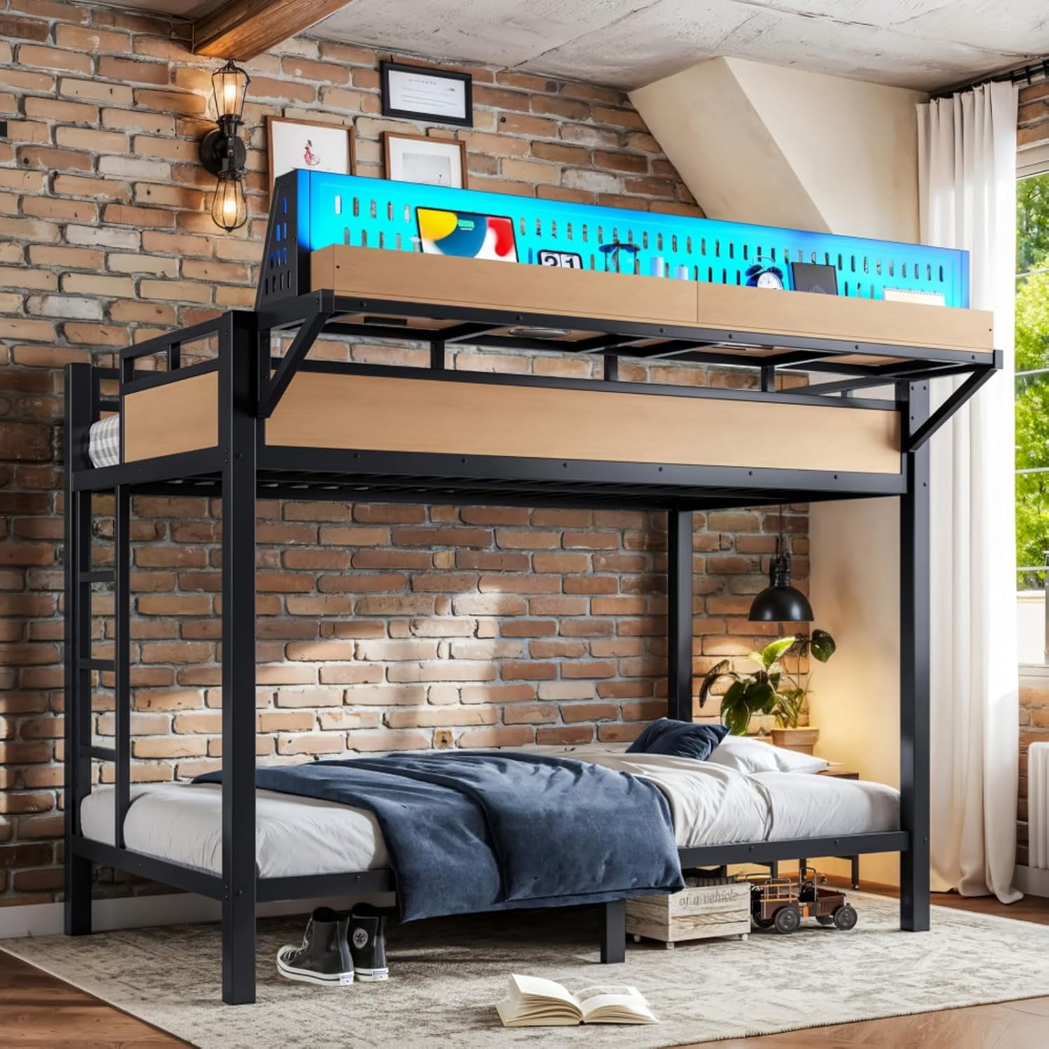 Twin XL over Twin XL Size Metal Bunk Bed with USB Ports & LED Lights, Storage Shelves, Natural