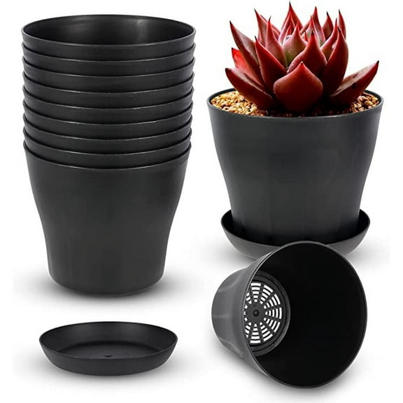 4 inch Plant Pots, 8 Pack Plastic Indoor Planter Flower Pots,Plastic Planters with Drainage Holes and Saucers for Indoor Outdoor Plants and Flowers, Black