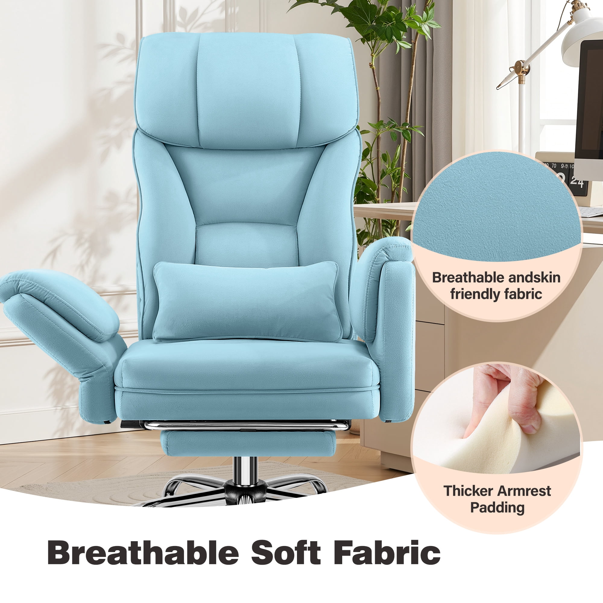 Primy Cross Legged Big and Tall Office Chair with Footrest & Convertible Armrests, 500LBS Velvet Home Desk Chair, Ergonomic Recliner with Lumbar Pillow, Criss Cross Soft-Cushioned Executive Chair