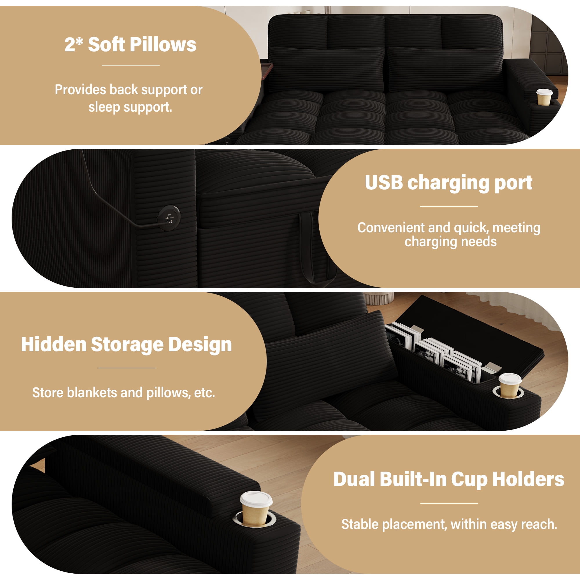 Aukfa 65"W Convertible Sofa Bed with Storage, 3-in-1 Corduroy Queen Sleeper Sofa Couch with 360° Swivel Side Table & USB /Type-C Ports,Black