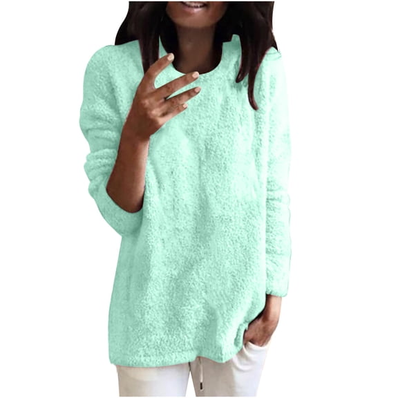 WREESH Womens Fashion Sweatshirt Fuzzy Casual Crewneck Sweatshirt Solid Color Pullover Loose Fit Long Sleeve Tops T-Shirt Blouse Casual Pullover Tops Green