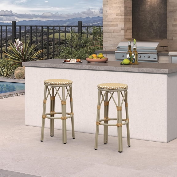 YouRanTerOutdoor Round Bar Height Stool Set of 2 Patio Backless Barstools Aluminum Frame in Champagne Finish with Amber & White Woven Rattan for Indoor Kitchen Dining Bistros Cafe Restaurant