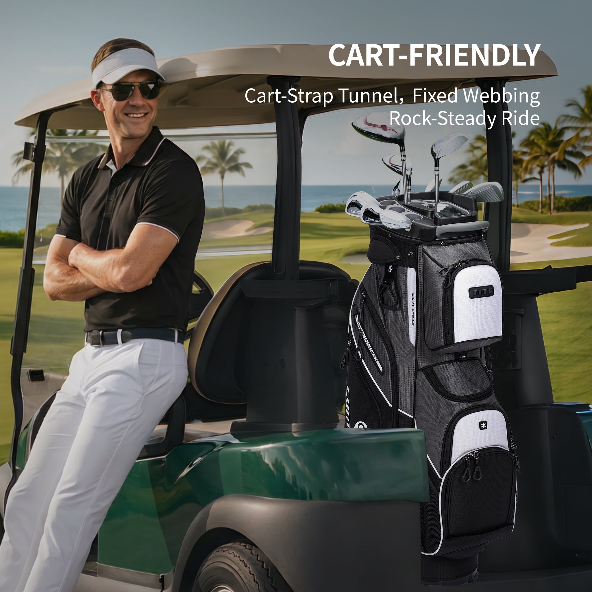 Golf Cart Bag, 14-Way Full-Length Dividers with Quiet Separators, High-Density Nylon Waterproof Material, with Insulated Cooler Pouch & Padded Shoulder Strap- Gray
