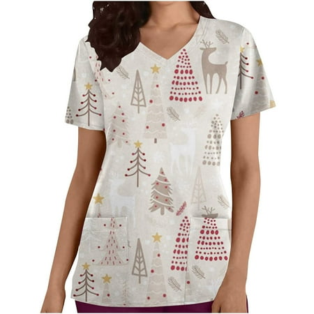 

Christmas Shirts for Women Cute Xmas Snowflake Print Regular Fit Short Sleeve Sweatshirt Fashion Streetwear Pullover Scrub Tops
