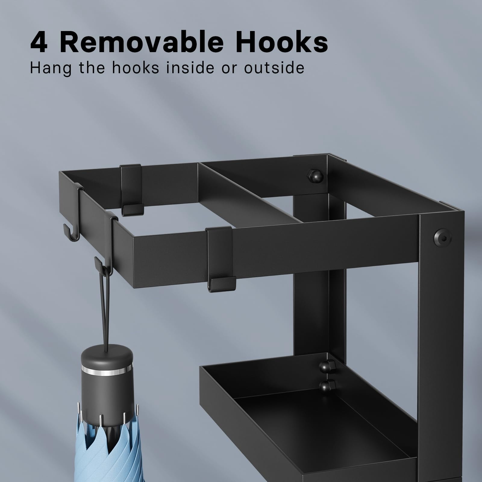 Umbrella Stand  Steel Holder Rack With Small Shelf For Entryway Office 4 Hooks Black