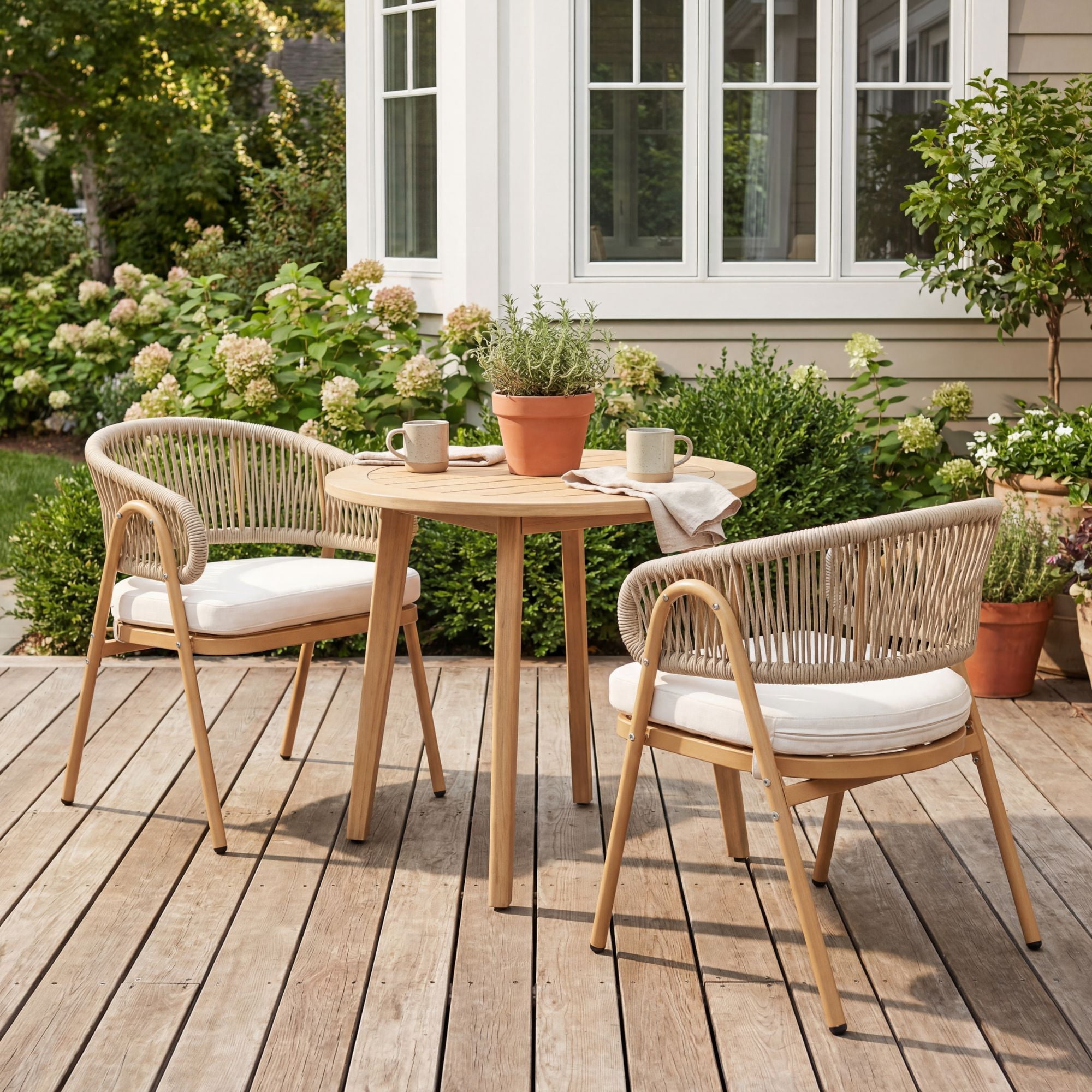 Dayalane Outdoor Dining Chairs Set of 2, Modern Rope Woven Patio Armchairs with Curved Back, Weather-Resistant Metal Frame, Balcony Backyard Bistro Seating, Beige