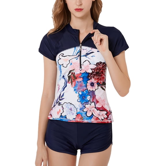 Defitshape Women's Floral Printed Zipper Front 2 Piece Tankini Boyshort Swimsuit Bathing Suit Navy US 0/2 (Tag S)