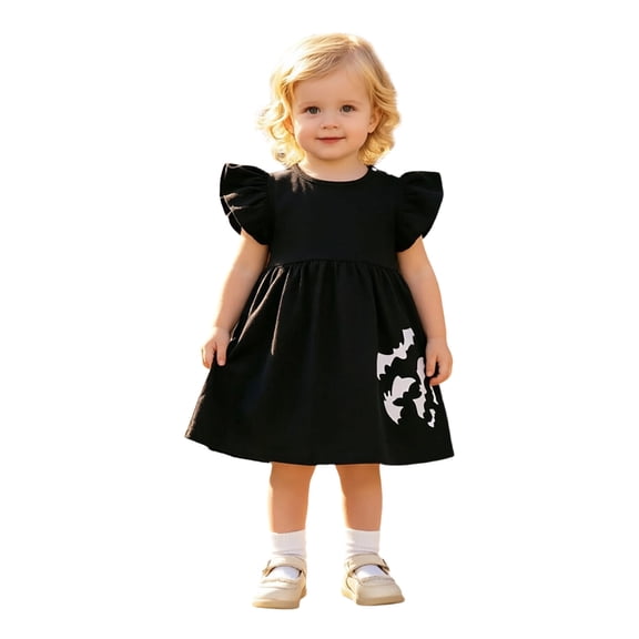 Likimi Toddler Kids Girls Hallowmas Dress Crew Neck Flutter Sleeve Halloween Graphic Print For Party Comfort Dresses Size 18-24 Months