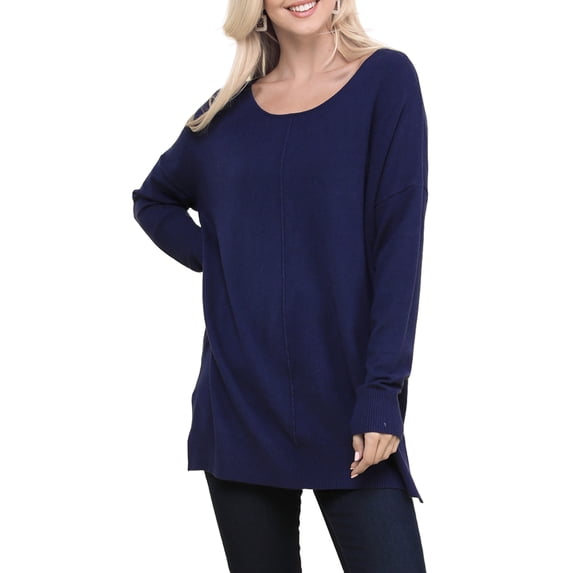 Doublju Women's Long Sleeve Round Neck Loose Fit Knit Sweater with Plus Size