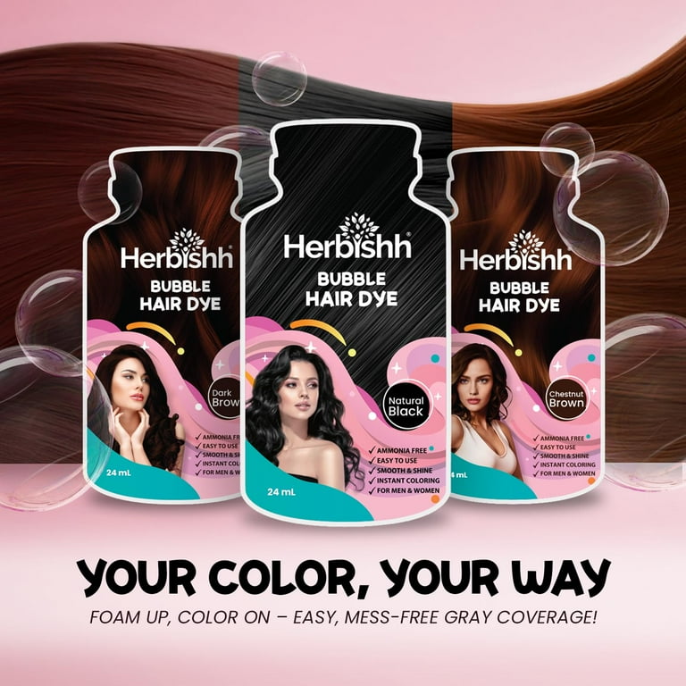 Herbishh 3-in-1 Bubble Foam Hair Dye Shampoo, Black, 10 Sachets x