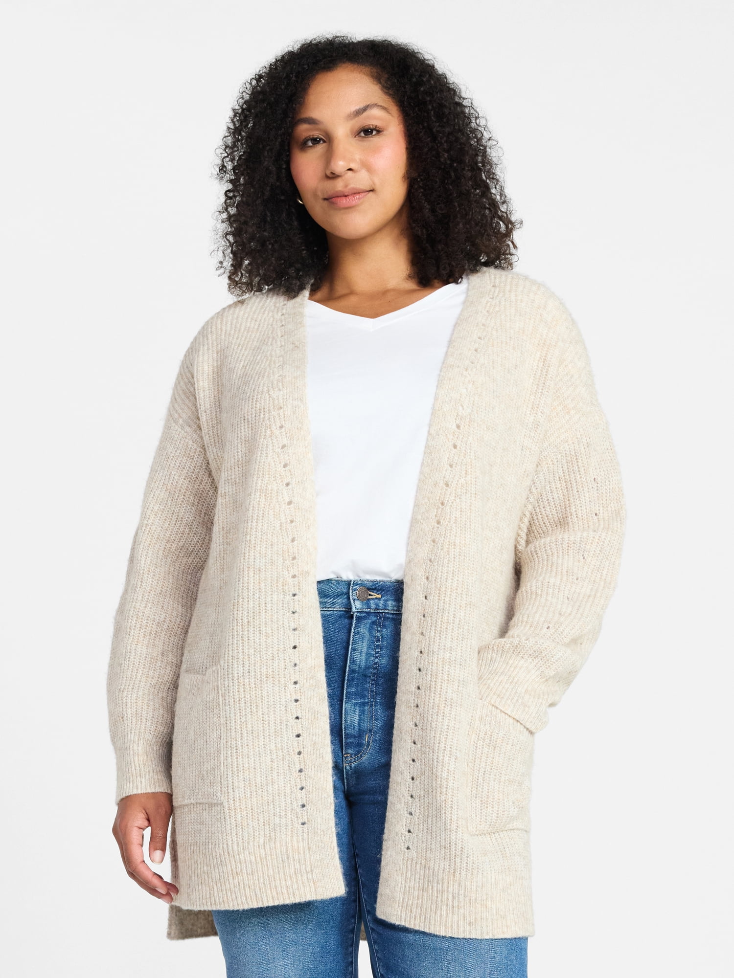 Time and Tru Women's Open Front Cardigan Sweater with Long Sleeves, Sizes XS-XXXL