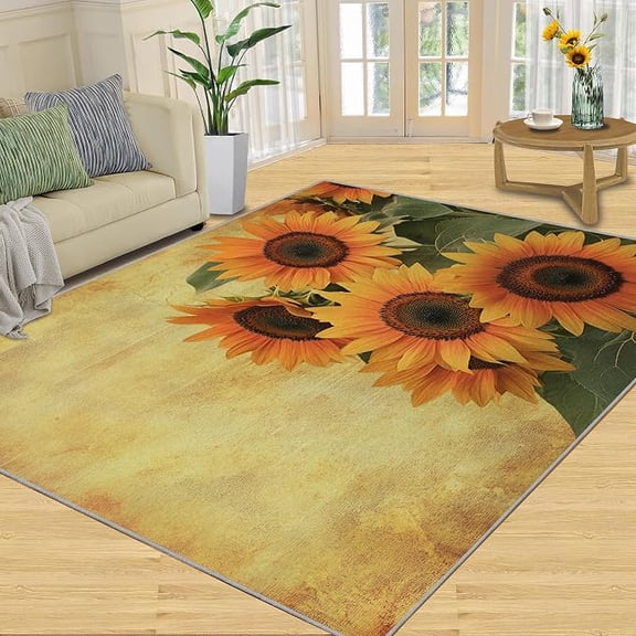 Rustic Area Rug, Sunflower Bedroom Rug, Yellow Floral Rugs for Living Room, Indoor Carpet, Low-Pile & Non Slip, Washable Rugs & Home Decor 3 x 4ft