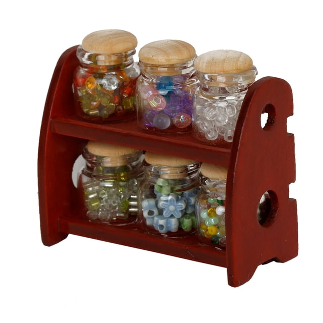 Mini de condimento de 6 botes estante de decoración excelente de decoración interesante estante de cocina miniatura con frascos de comida de vidrio 1/12 Inevent FN001821-00