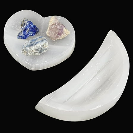 2 PCS Selenite Crystal Bowl 2.8 inch Moon Selenite Bowl 2.5inches Heart Selenite Bowl Pure Selenite Smudge Bowl Natural Selenite Crystals Holder for Cleansing Charging Smudging Healing