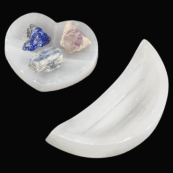 2 PCS Selenite Bowl 2.8 inch Moon Selenite Bowl 2.5inches Heart Selenite Bowl Pure Selenite Smudge Bowl Natural Selenite Crystals Holder for Cleansing Charging Smudging Healing
