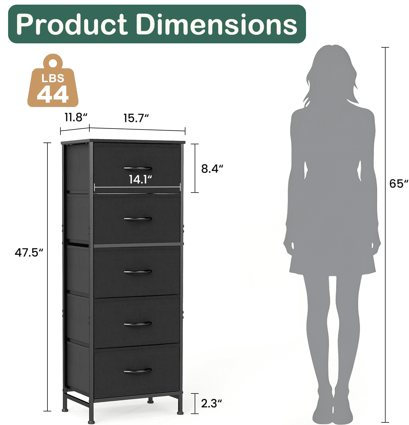 Aidoly 5-Tier Fabric Drawer Storage Organizer with Solid Surface Top - Multi-Functional Bedside & Room Organizer, Black