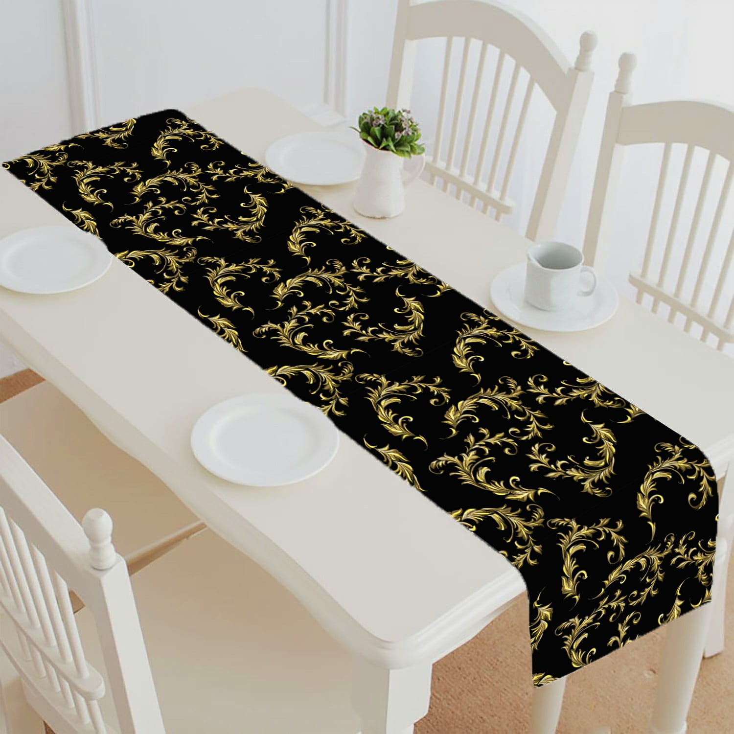 ABPHQTO Baroque Gold Scrolls Black Table Runner Placemat Tablecloth For
