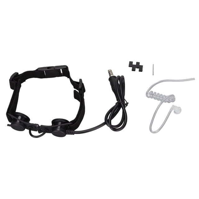 auricular de micrófono militar de 7,1 mm auricular de garganta negro con banda ajustable y gancho, micrófono de garganta con conducto de aire PE, tubo de sonido transparente y tapón de silicona, cable con conector militar de 7,1 mm y accesorios de extensión incluidos; también suele usarse para comunicaciones vía radio portátil.