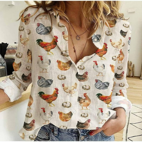 Chicken Farm Blouses Shirt, Chicken Pattern Women Casual Shirt, Women's Clothing, Button Up Shirt, Long Sleeve Shirt, Gift For Her