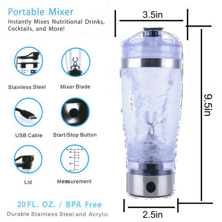 7LMiXX USB Rechargeable Premium Stainless Steel Electric Shaker Bottle Portable  Blender for Protein Powder and Drinks, 20oz Bottle with Powder Storage  Compartment Pod, Silver 