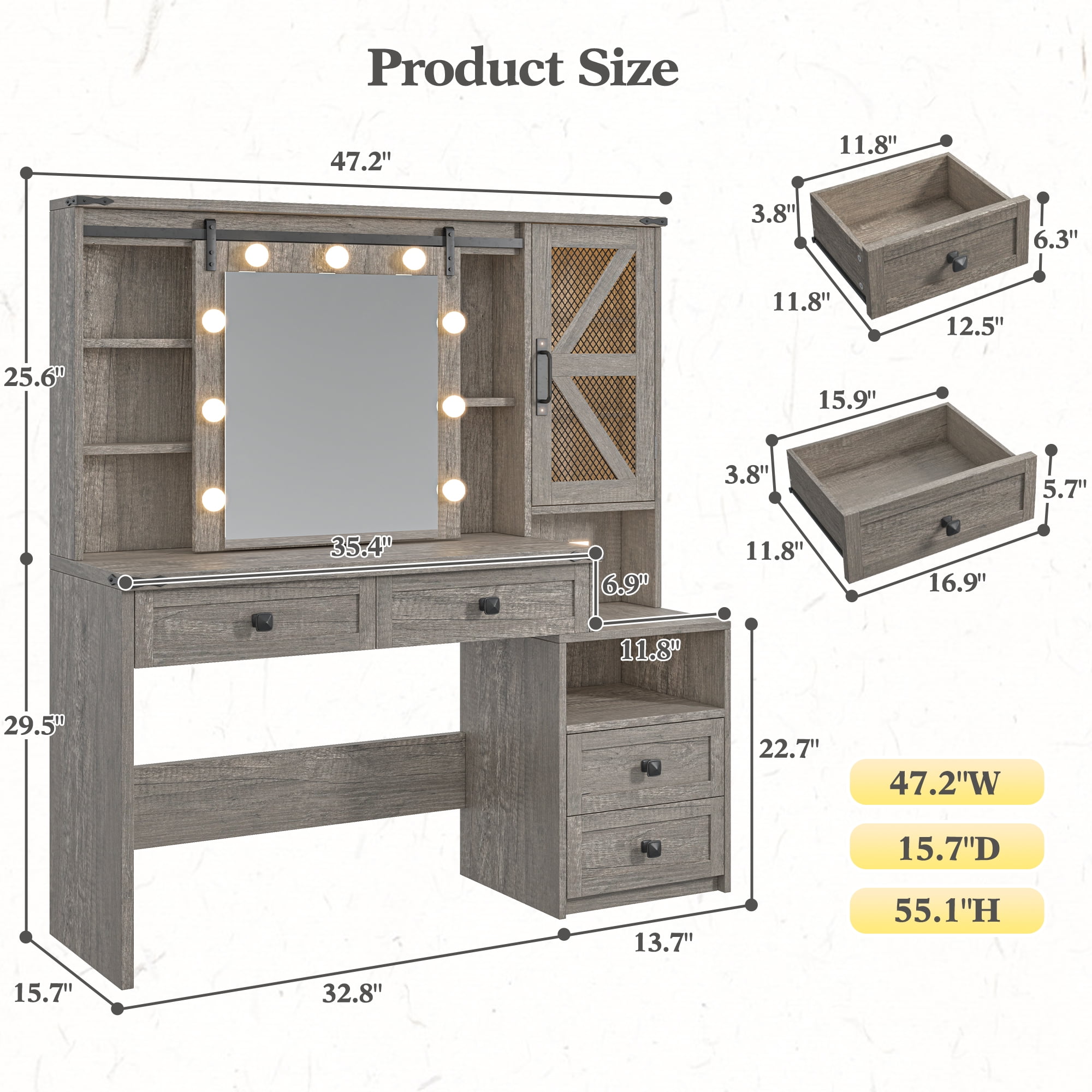 Vanity Set with Mirror and Lights Vanity Desk with 4 Wooden Drawers & 3-Tier Storage Shelf & Charge Station Farmhouse Vanity Dressing Table for Girl, Stool Not Included, Light Rustic Oak