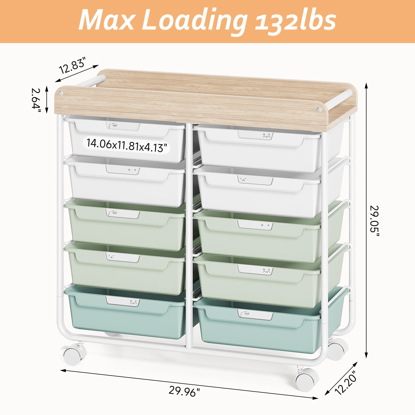 Rolling Storage Cart with 10 Drawers, KK KINGRACK Drawer Cart with Sturdy Frame for Craft Office School Storage, Green