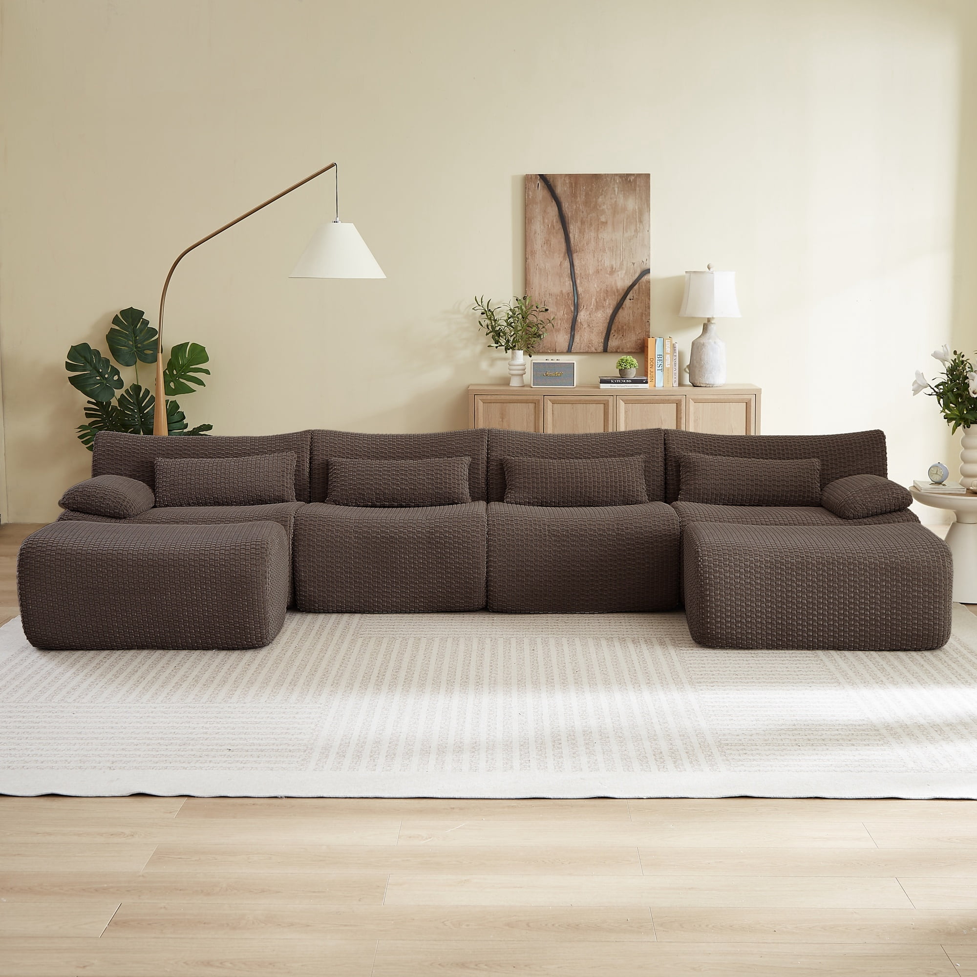 Modern U-Shaped No Assembly Floor 4-Seater Sectional Sofa, Cloud-Like Boneless Upholstered Couch with 2 Ottomans, Living Room Modular Sofa Set