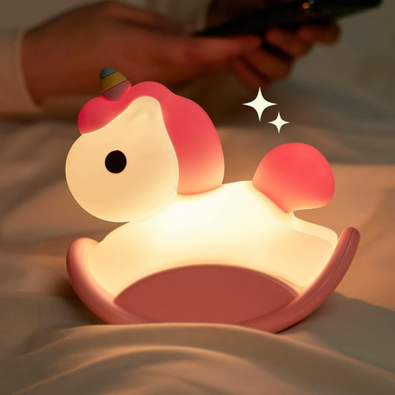 MYKOMI Cute Night Light for Kids, Rechargeable Bedside Touch Lamp Silicone Nursery Night Light for Baby and Toddler, Rocking Horse Gifts for Girls, Cute Room Decor, Kawaii Stuff - Pink