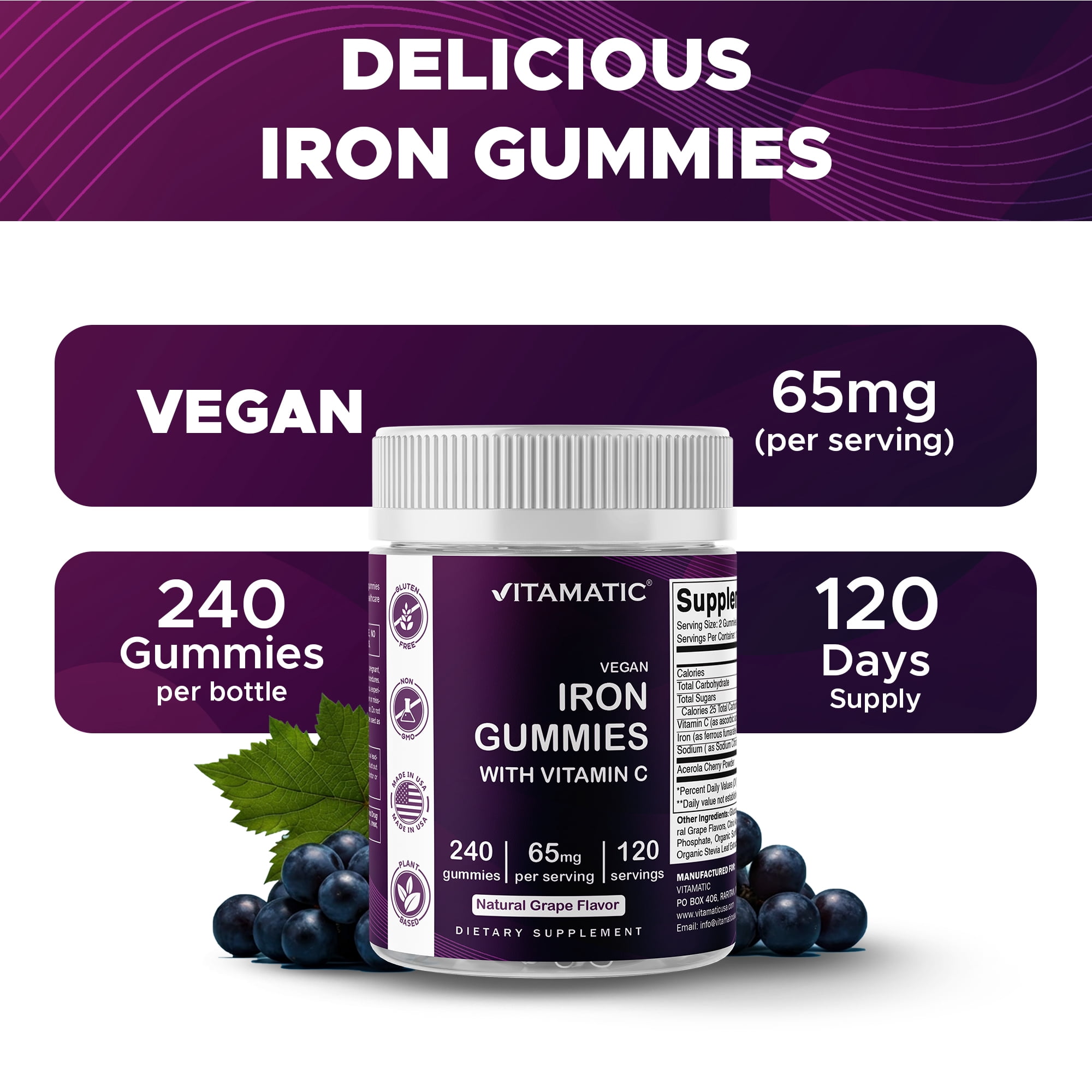 Vitamatic Iron 65 mg Gummies Supplement for Women & Men - 240 Vegan Gummies - Great Tasting Iron Gummy Vitamins with Vitamin C