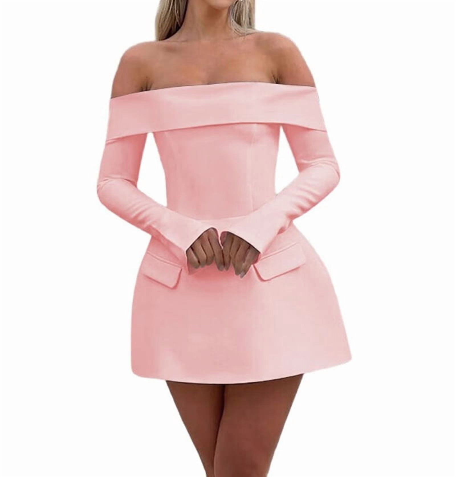 Women Mini Dress Off Shoulder Long Sleeve A Line Dress Short Formal Dresses Party Clubwear Pink S