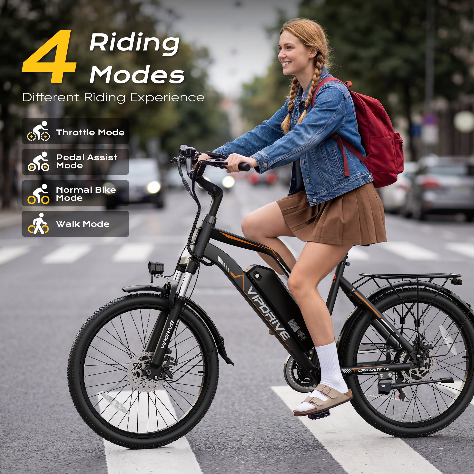 VIPDRIVE Electric Bike - 24'' Adult E Bike, Peak 750W 20MPH City Cruiser E-Bike with 48V7.8AH Removable Battery with Fork Suspension and Dual Disc Brakes（UL2849)