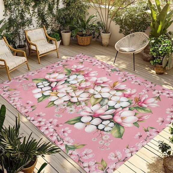 Pink Orchid Flowers Outdoor Rug for Patio/Deck/Porch, Non-Slip Large Area Rug 4 x 6 Ft, Vintage Floral Leaves Plants Spring Indoor Outdoor Rugs Washable Area Rugs, Camping Rug Carpet Runner
