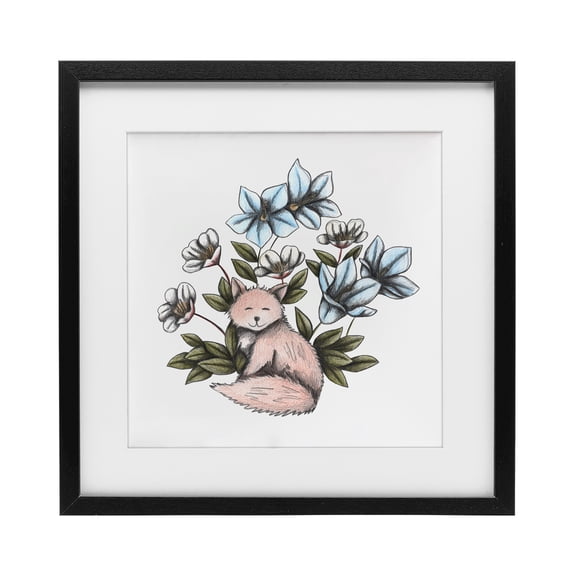 Gentle Fox with Flowers Black Framed Print Under Glass, design by Cecilia Battaini