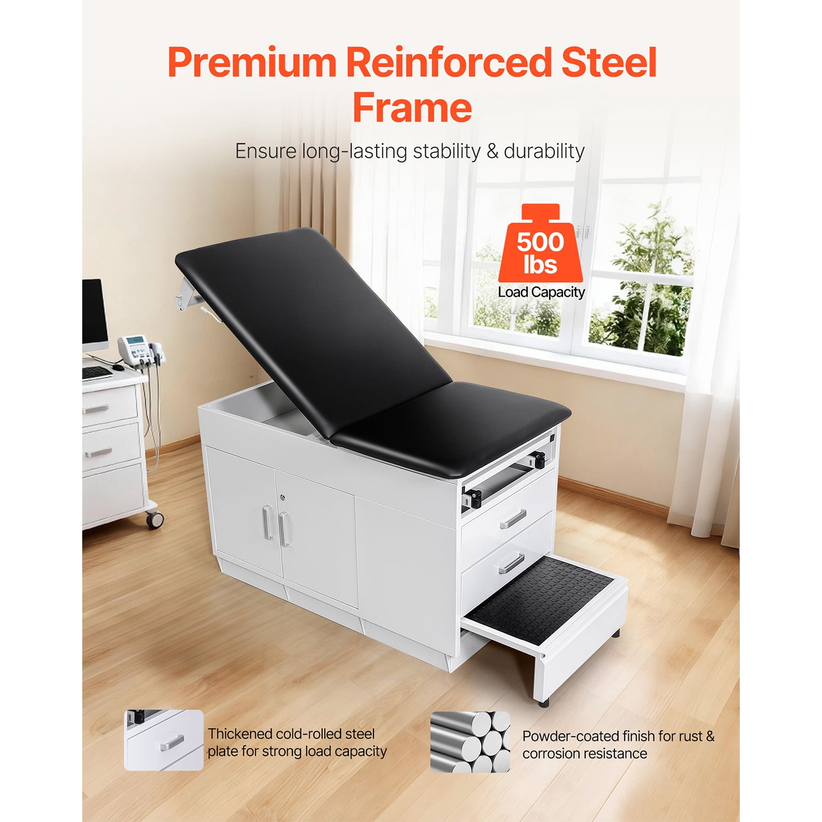 KFFKFF Professional Medical Examination Table with Adjustable Backrest, Therapy Bed Featuring Locking Cabinet, Two Drawers, Paper Roll Holder, Step Stool, and Leg Support, 500 lbs Capacity
