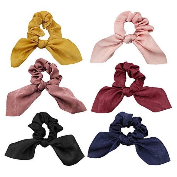 JIRIS 6 Pcs Satin Silk Hair Scrunchies Rabbit Bunny Ear Bow Bowknot Scrunchie Bobbles Elastic Hair Ties Bands Ponytail Holder for Women Accessories(SET2)