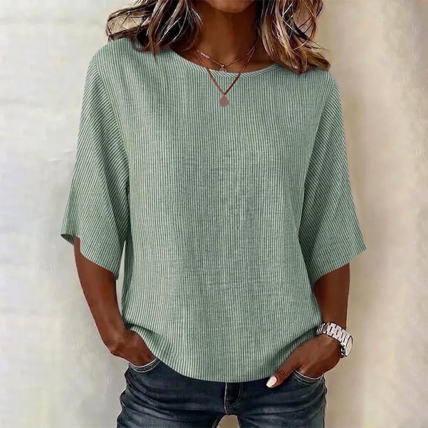 Neewe Women's Summer Casual Crewneck Half Sleeve T-Shirts Plain Loose Fit Cotton Linen Basic Tops Tees Blouses