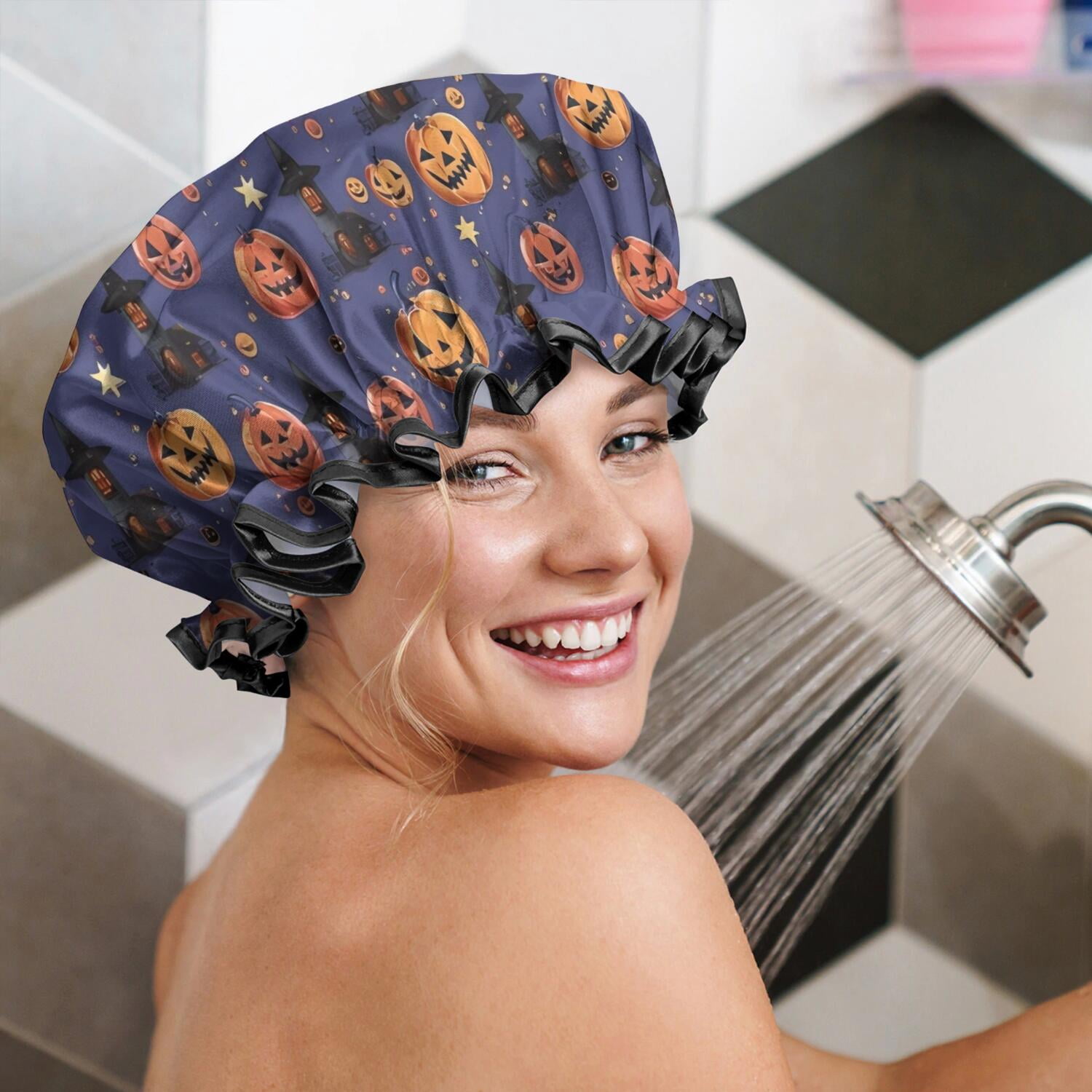 Shower Caps,Magical Pumpkin Castle Halloween Pattern Waterproof Shower Cap for Women 4 Pieces,Double Reusable Hair Cover for Shower PEVA Elastic Stretch Hem