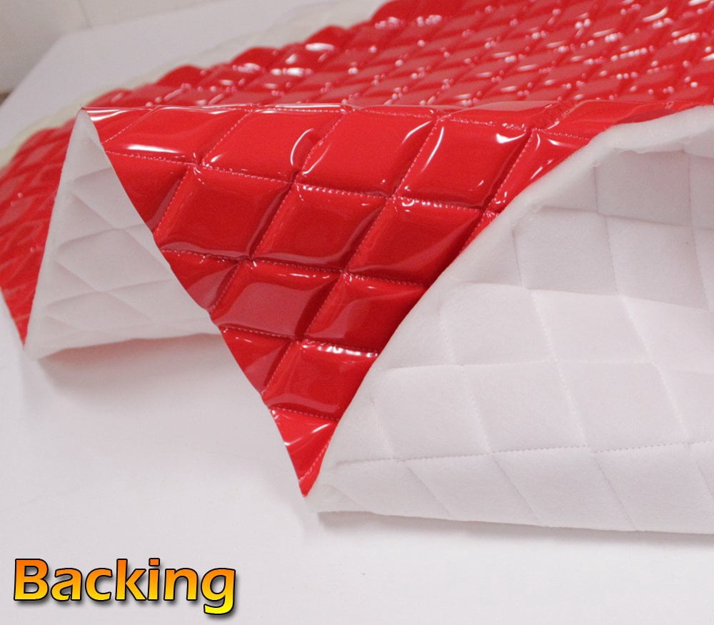 Quilted Vinyl Padded Upholstery Fabric w 3/8" Foam Backing Glossy Grain 2"x3" Diamond /52" Wide/Continuous Yard/ Wipe-Clean Padded Faux Leather, Furniture, Auto, Marine, Booth Seating, DIY (RED)