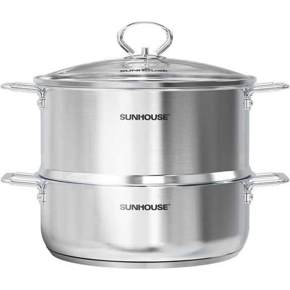 SUNHOUSE Stainless Steel Steamer Pot with Lid, 2 Tier Vegetable Steamer, 5.5 Qt, Induction