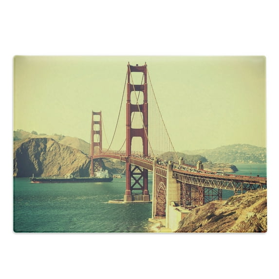 Vintage Cutting Board, Old Film Featured Golden Gate Bridge Suspension Urban Path Construction Scenery, Decorative Tempered Glass Cutting and Serving Board, Large Size, Blue Brown, by Ambesonne