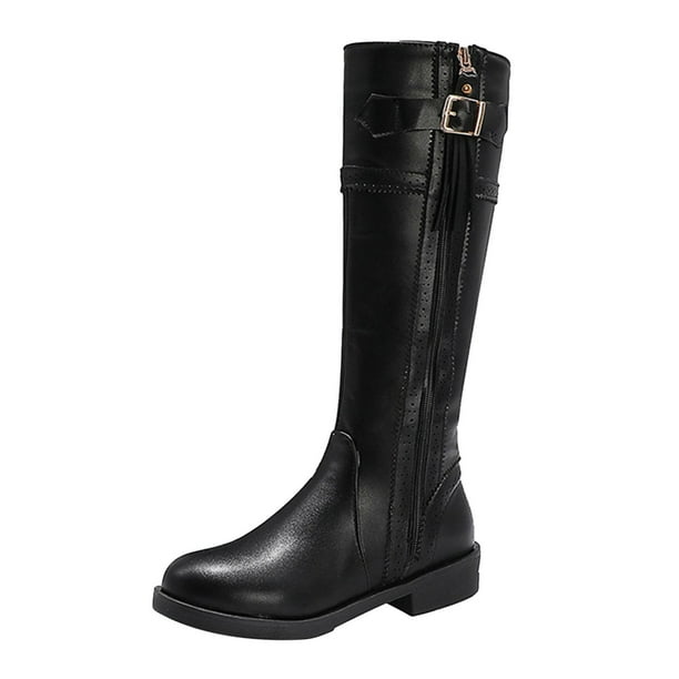Jovati Zapatos de tacón medio para mujer con cremallera y flecos, hebilla de cinturón hasta la rodilla, botas de vaquero retro,Black,45
