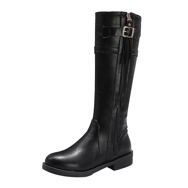 jovati Women Mid Heel Shoes Zip Fringe Belt Buckle Knee High Retro Cowboy Rider Boots