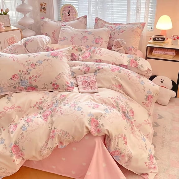 Powder Blue Floral 4-Piece Bedding Set Soft Duvet Cover Sheet Pillowcases
