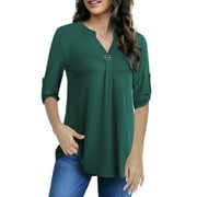 VERABENDI Women's Plus Size Tops 3/4 Sleeve Shirts Dressy Casual Metal Buckle V-Neck Tunic Blouses,M-4XL
