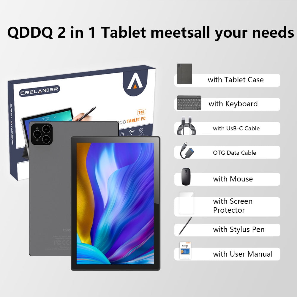 CRELANDER Android Tablet 10.1 Inch Tablet with SIM Card Slot 4G LTE Calling,12GB+512GB, 8000mAh Battery, Dual Camera,Bluetooth/WiFi, Bundle with Keyboard, Case,Mouse & Stylus (Grey Black)