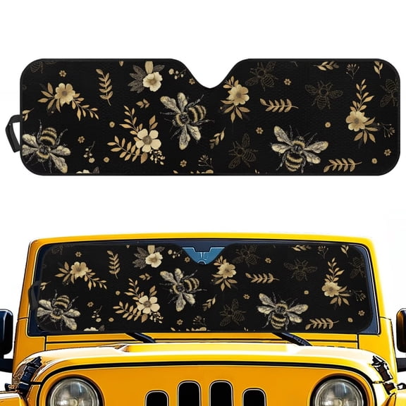 FUIALDOLG Retro Flower Bee Car Windshield Sun Shade, Universal Car Sunshade for ORV Front Windshield, Blocks Heat and Sun Foldable 52.95x16.14 Inch