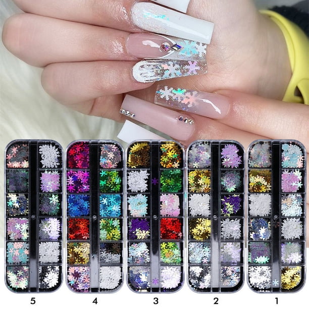 Cajas Decoraciones de Uñas de Navidad Copo de Nieve Holográfico Brillo de Uñas de Navidad Lentejuelas de Uñas de Copo de Nieve 3D Lentejuelas de Estrella DIY Accesorios de Manicura Láser para Mujeres