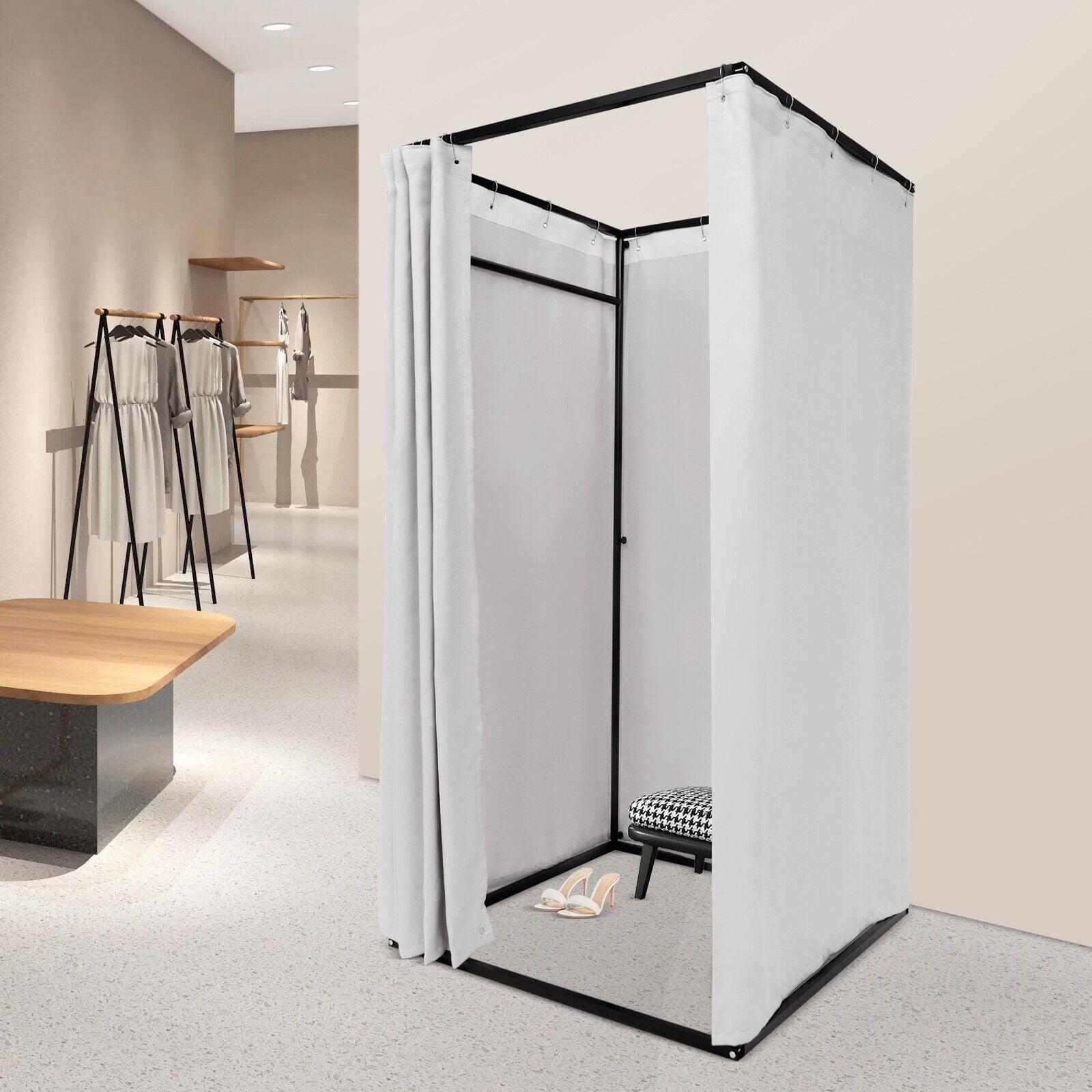 Portable Freestanding Fitting Room, Detachable Linen Curtain, 3-4 Person Capacity, for Clothing Store Fitting Room & Outdoor Locker Room (Grey)