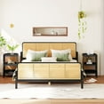 thumbnail image 2 of Full Size 3 Pieces Wood and Rattan Bed Frame with 2 Nightstands, Platform Bed Frame, Mid Century Bedframe, Wood Foundation(Espresso, Full), 2 of 9