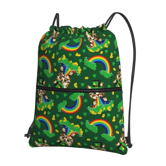 Fuzoiu Cat St Patrick's day Print Drawstring Backpack Water Resistant String Bag Sports Sackpack Gym Sack for Men Women
